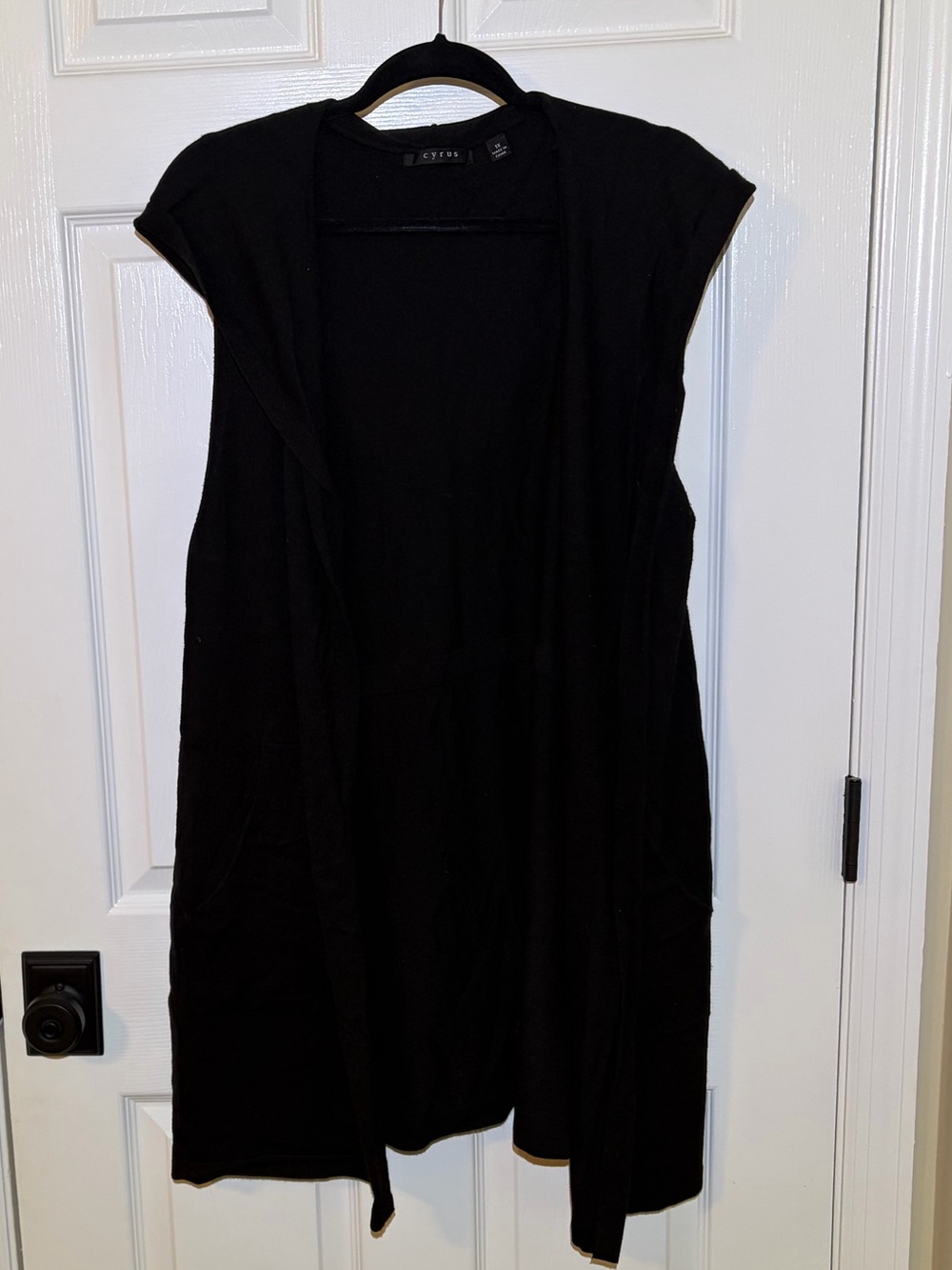 Cyrus Black Sleeveless Hooded Open-Front Cardigan Long Vest Side Pockets. 1X
